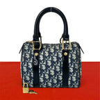Dior Vintage Trotter Logo Leather Mini Boston Bag Navy