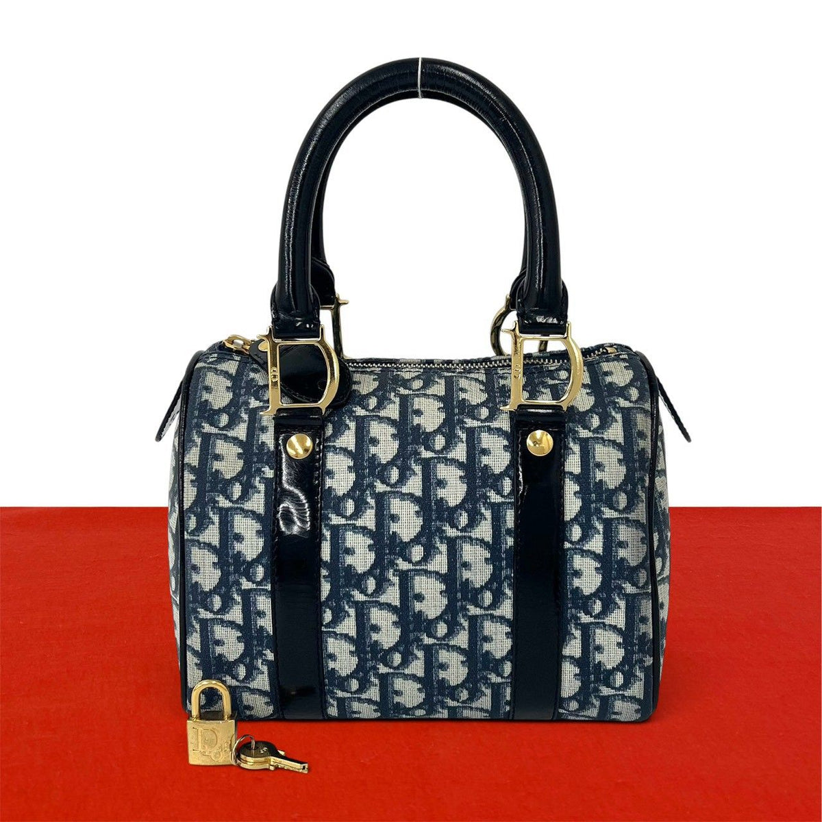 Dior Vintage Trotter Logo Leather Mini Boston Bag Navy