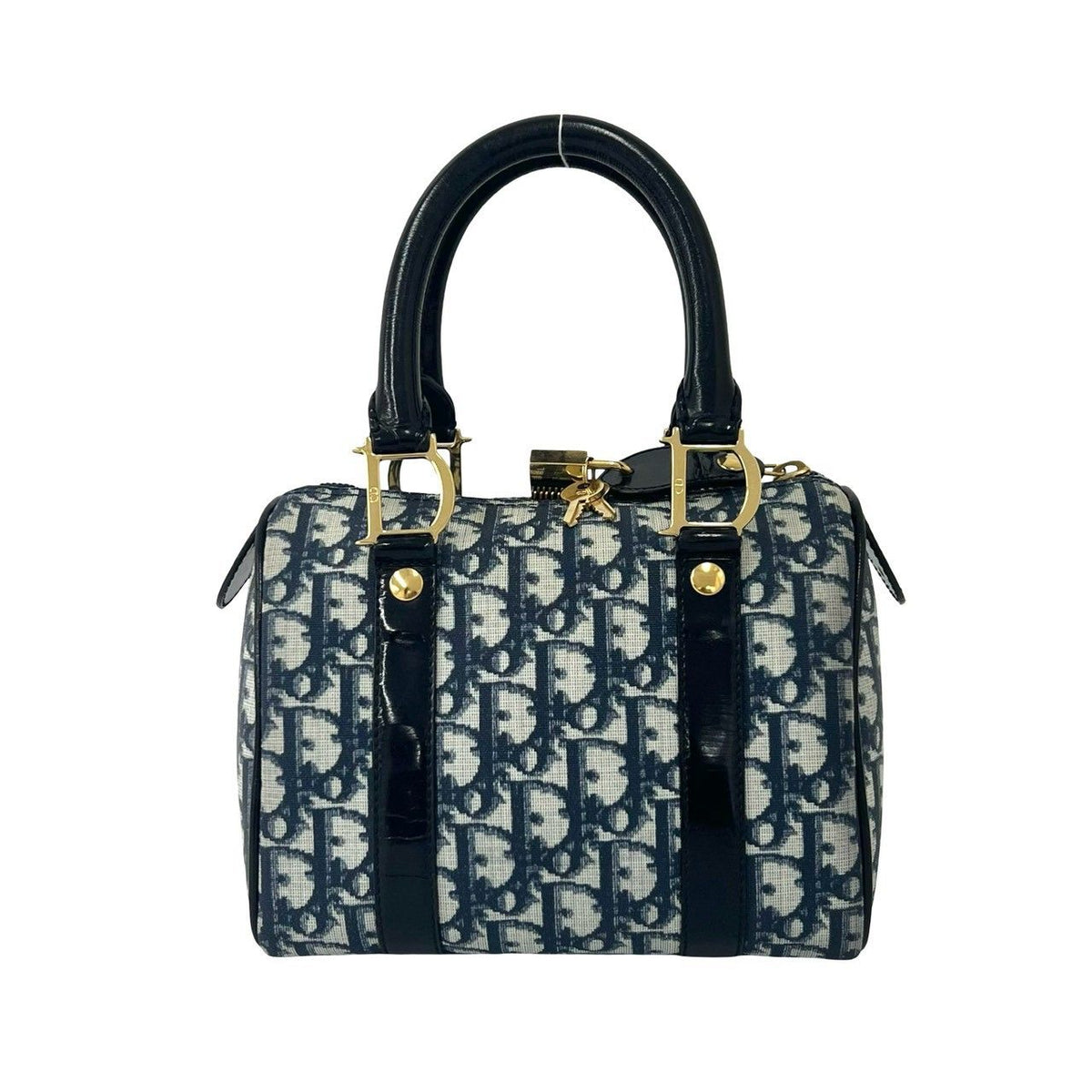 Dior Vintage Trotter Logo Leather Mini Boston Bag Navy — view 3