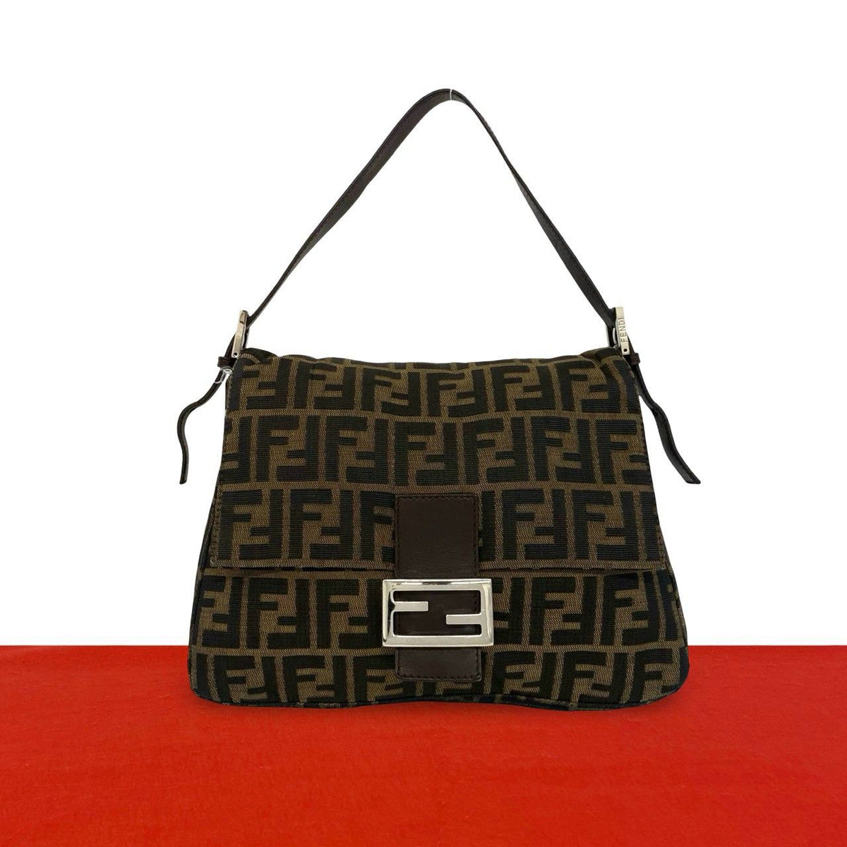 Fendi Vintage Mamma Bucket Zucca FF Logo Pattern Canvas Leather Shoulder Bag