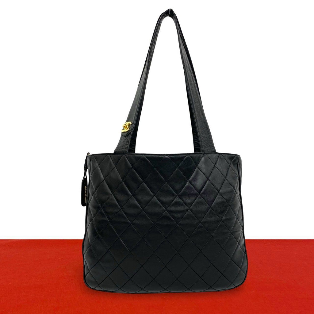 Chanel Quilted CC Logo Lambskin Tote Shoulder Bag Black