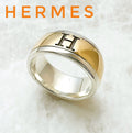 Hermes H Logo Yellow Gold Silver Ring