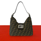 Fendi Vintage Zucca FF Logo Pattern Canvas Leather Shoulder Bag Brown