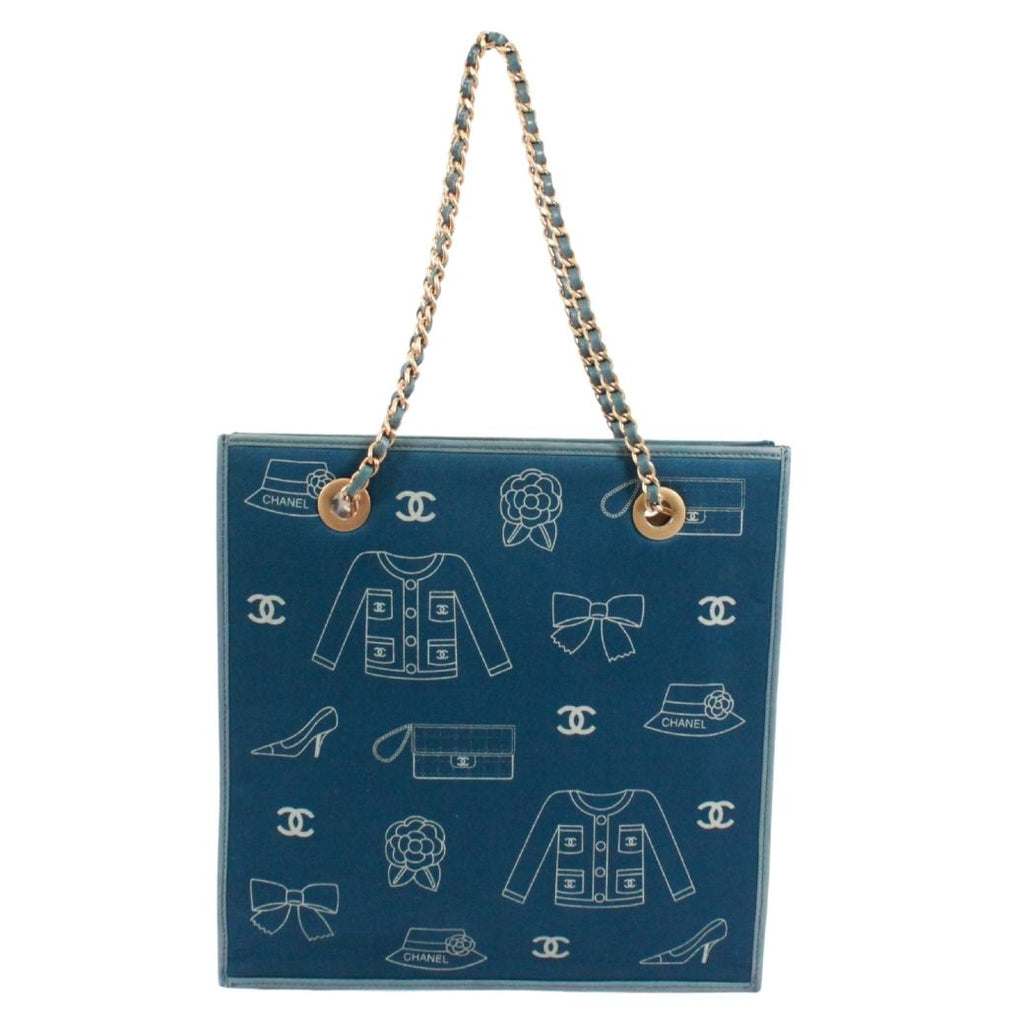 Chanel Icon Print Chain Leather Canvas Blue Shoulder Bag Gold