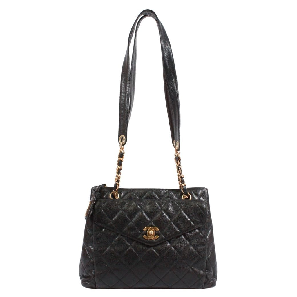 Chanel Quilted CC Logo Chain Caviar Leather Black Tote Bag Gold