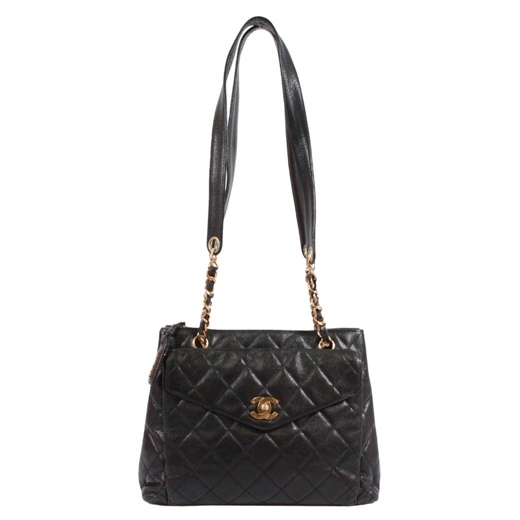 Chanel Quilted CC Logo Chain Caviar Leather Black Tote Bag Gold