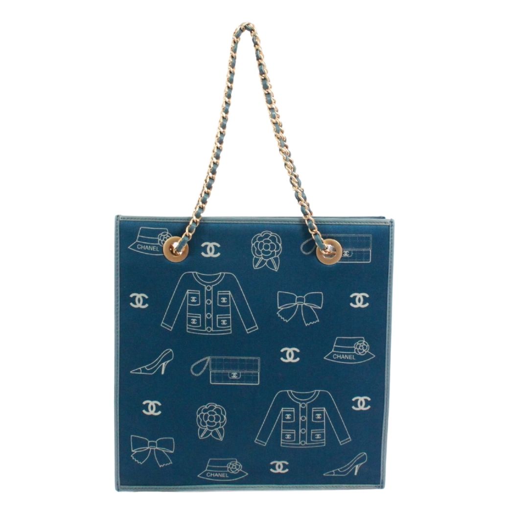 Chanel Icon Print Chain Leather Canvas Blue Shoulder Bag Gold — view 3