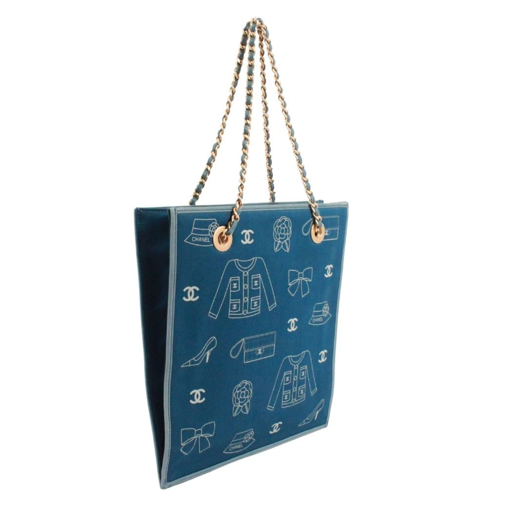 Chanel Icon Print Chain Leather Canvas Blue Shoulder Bag Gold — view 2