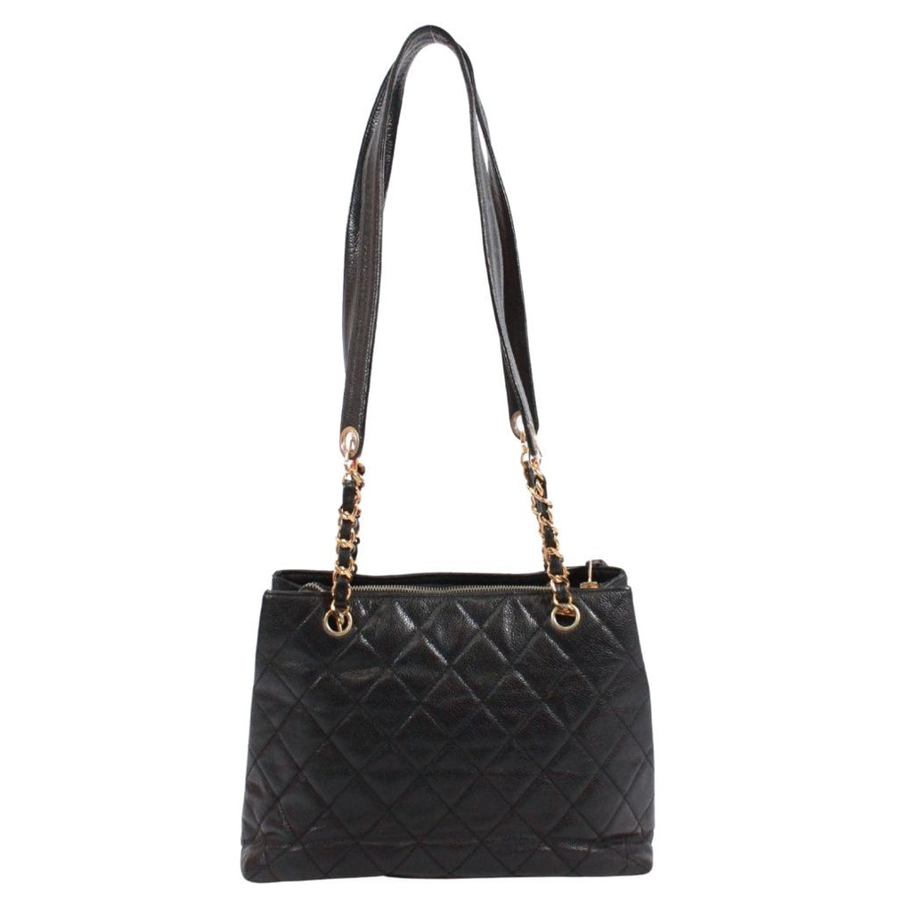 Chanel Quilted CC Logo Chain Caviar Leather Black Tote Bag Gold — view 3