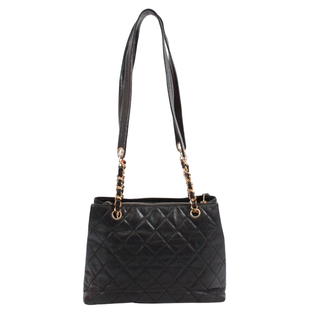 Chanel Quilted CC Logo Chain Caviar Leather Black Tote Bag Gold — view 3