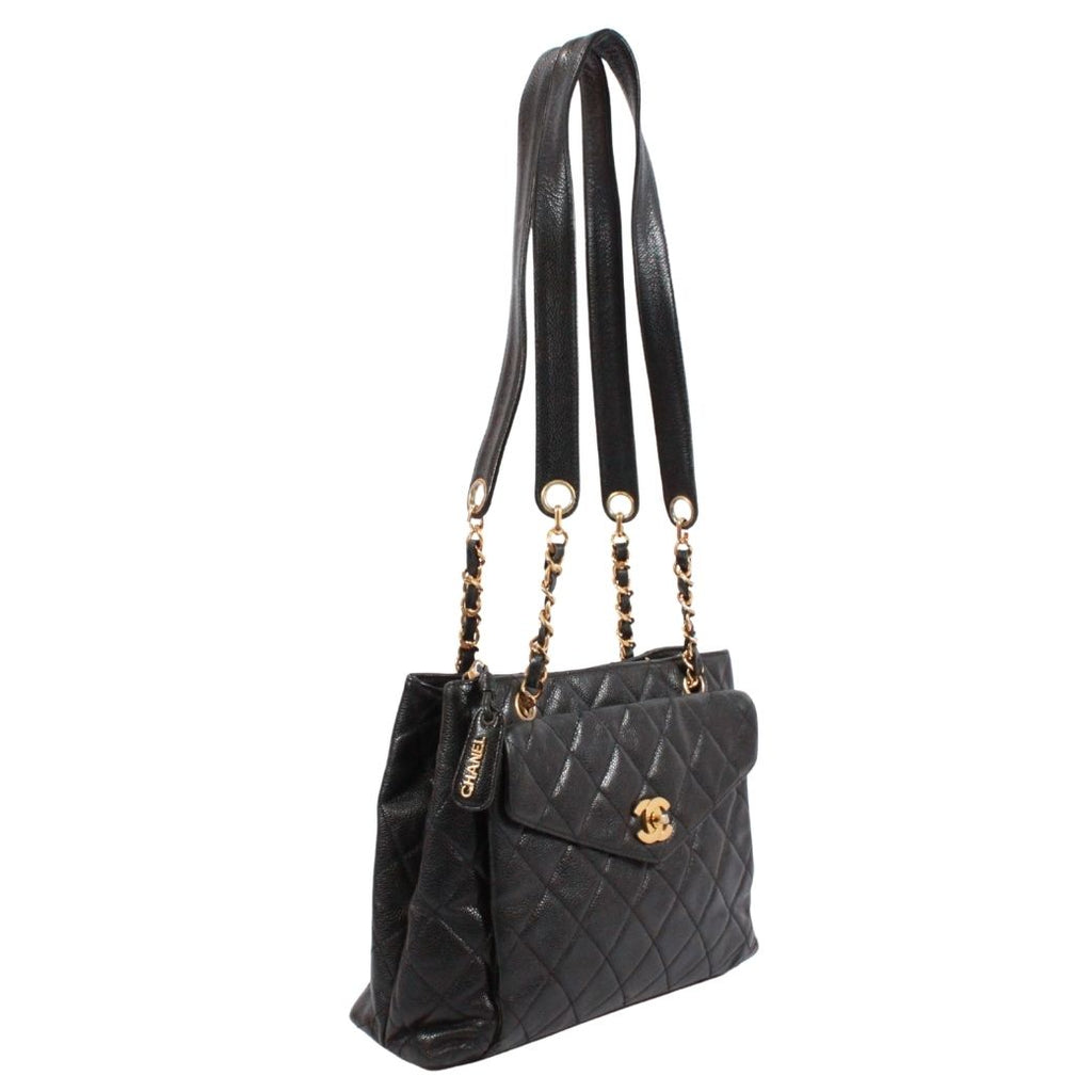 Chanel Quilted CC Logo Chain Caviar Leather Black Tote Bag Gold — view 2