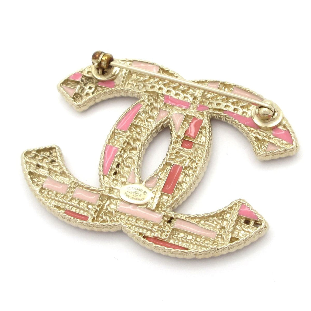 Chanel Brooch Gold Pink Multi CC Logo Plaid Pattern — view 2