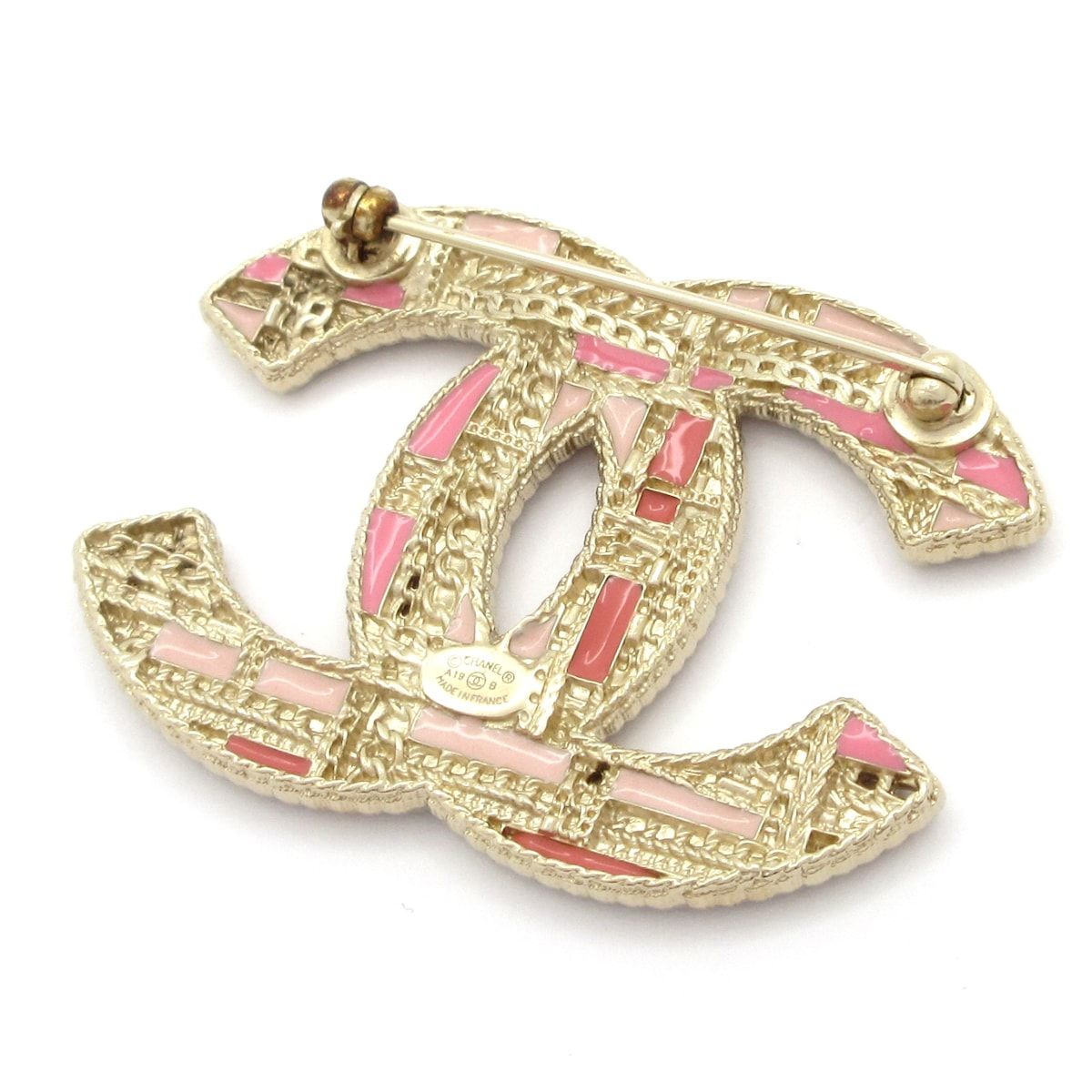 Chanel Brooch Gold Pink Multi CC Logo Plaid Pattern — view 2