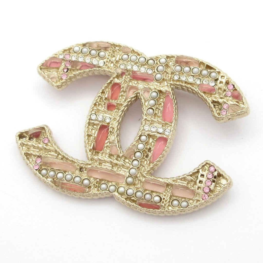 Chanel Brooch Gold Pink Multi CC Logo Plaid Pattern