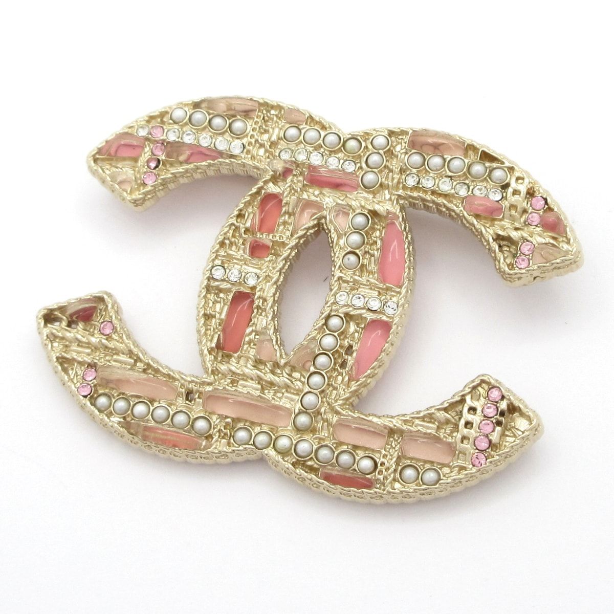 Chanel Brooch Gold Pink Multi CC Logo Plaid Pattern