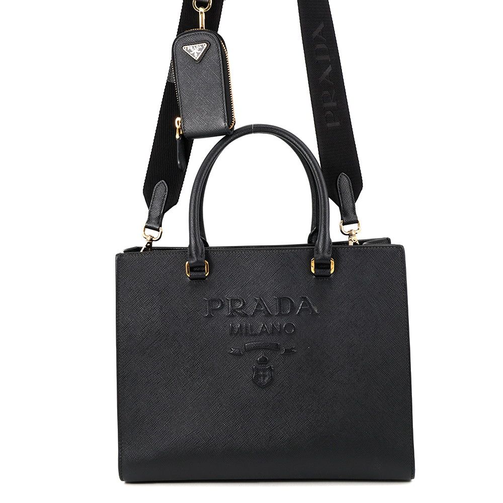 Prada Handbag Embossed Logo Saffiano Leather 2-Way Black
