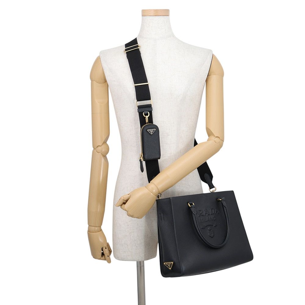 Prada Handbag Embossed Logo Saffiano Leather 2-Way Black — view 5