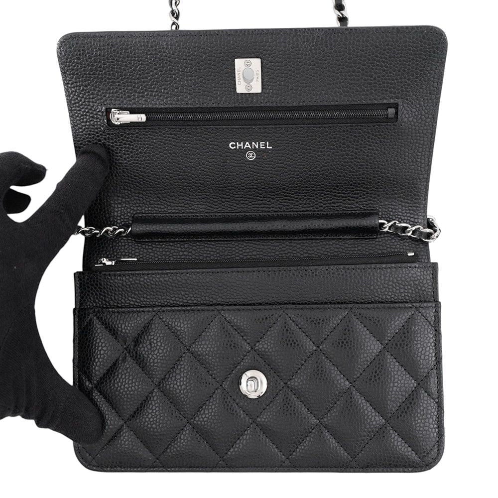 Chanel Chain Wallet Quilted CC Logo Caviar Leather Black Shoulder Bag — view 5