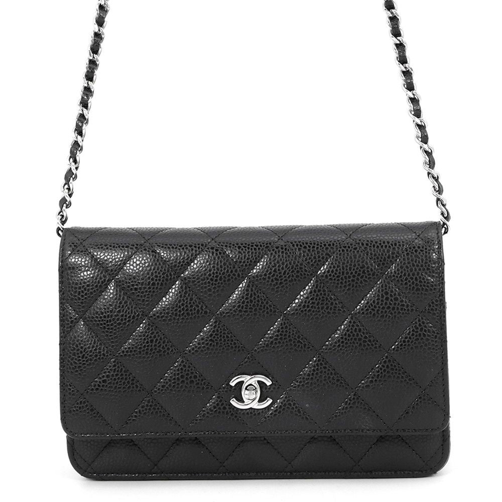 Chanel Chain Wallet Quilted CC Logo Caviar Leather Black Shoulder Bag