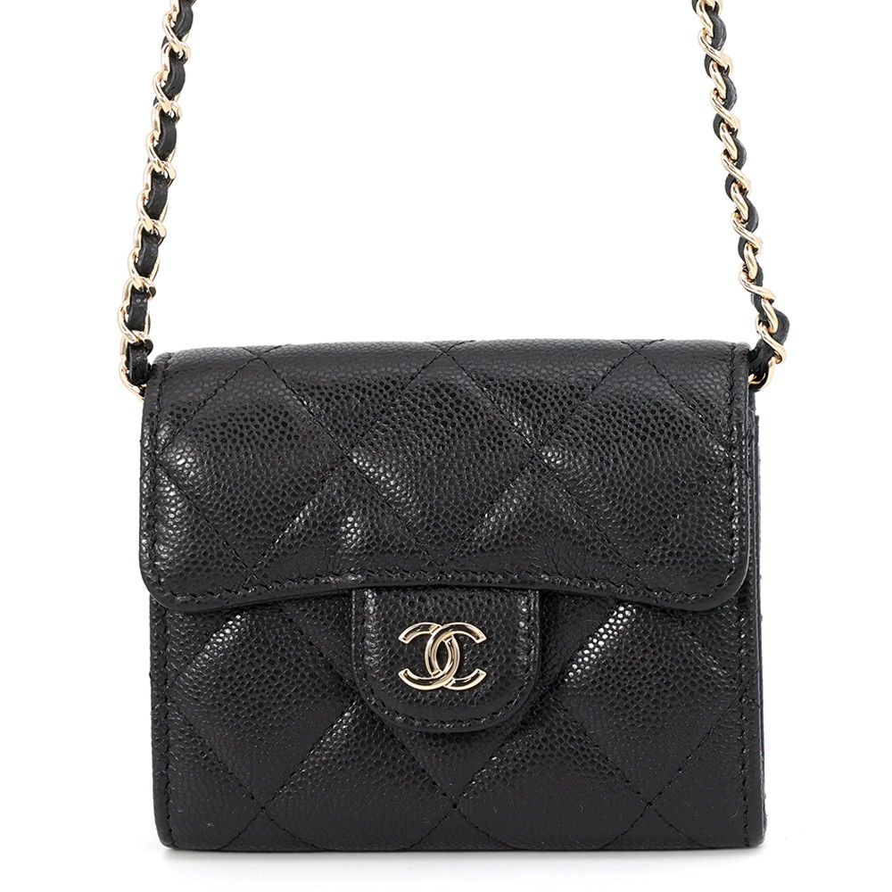 Chanel Chain Wallet Quilted CC Logo Mini Caviar Leather Black Shoulder Bag