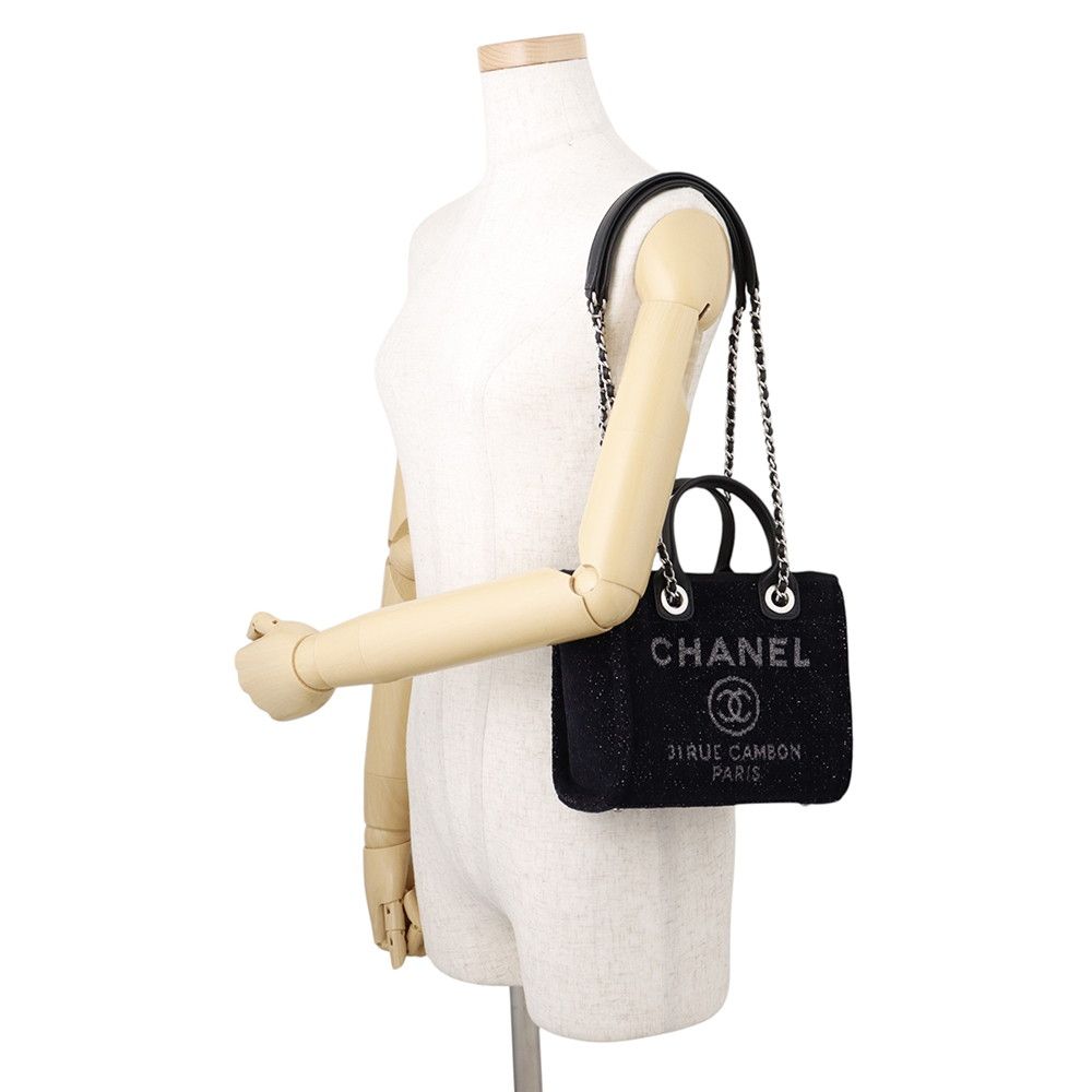 Chanel Tote Bag Deauville Line Mini Logo Glitter Tweed Leather Black — view 5