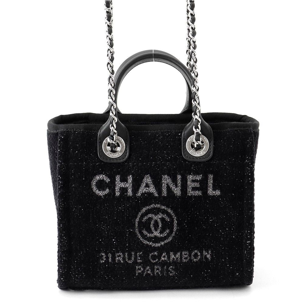 Chanel Tote Bag Deauville Line Mini Logo Glitter Tweed Leather Black