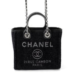 Chanel Tote Bag Deauville Line Mini Logo Glitter Tweed Leather Black