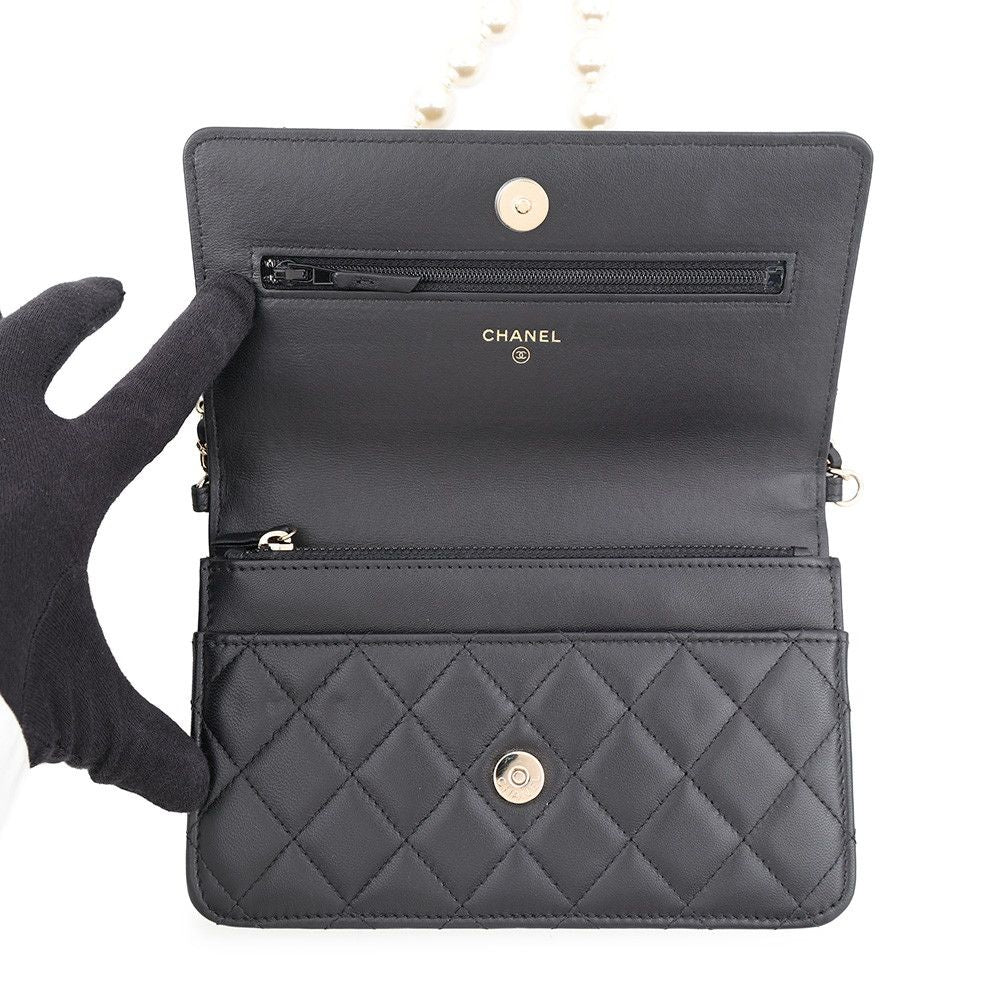Chanel Pearl Chain Wallet Quilted CC Logo Lambskin Black Shoulder Bag — view 5