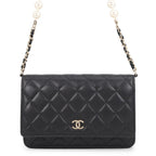 Chanel Pearl Chain Wallet Quilted CC Logo Lambskin Black Shoulder Bag