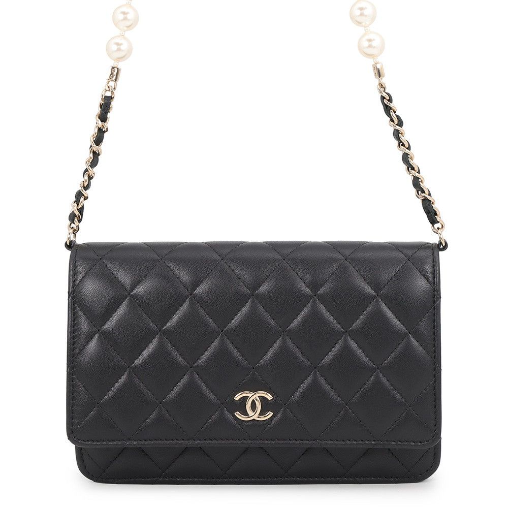 Chanel Pearl Chain Wallet Quilted CC Logo Lambskin Black Shoulder Bag