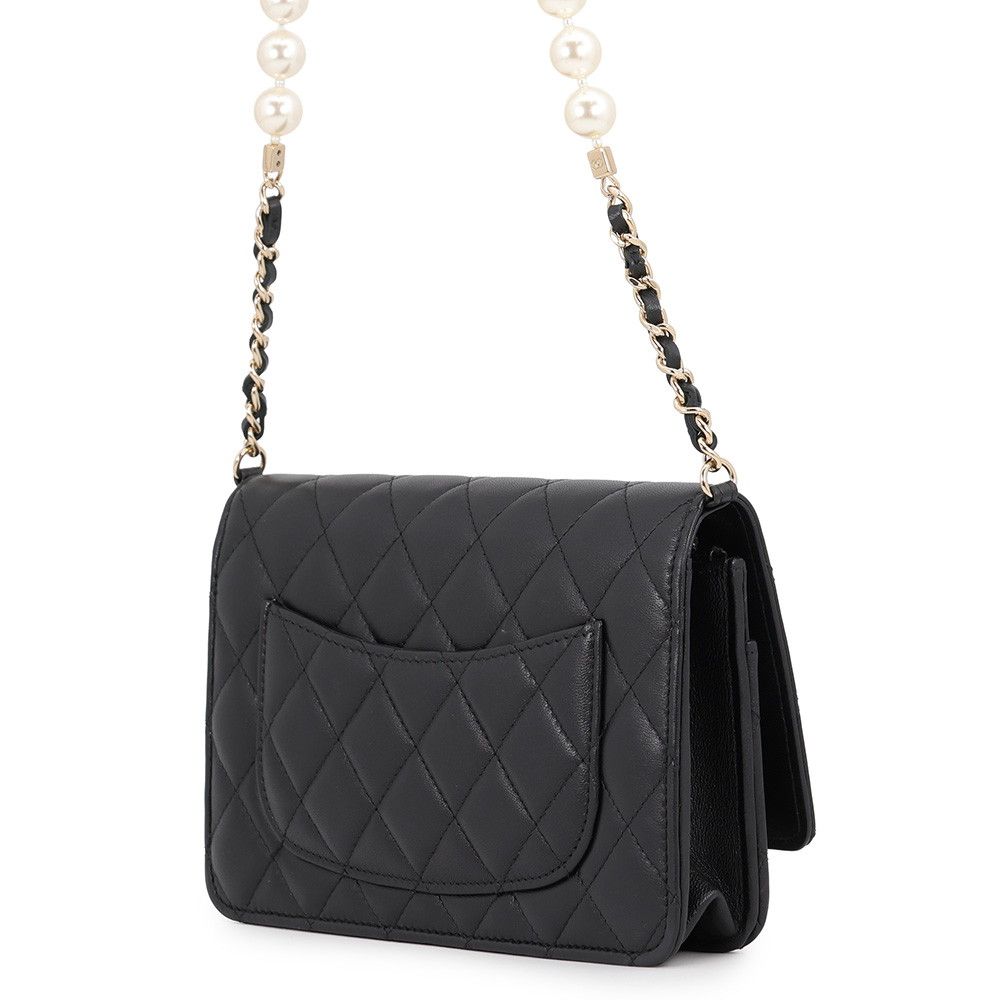Chanel Pearl Chain Wallet Quilted CC Logo Lambskin Black Shoulder Bag — view 2