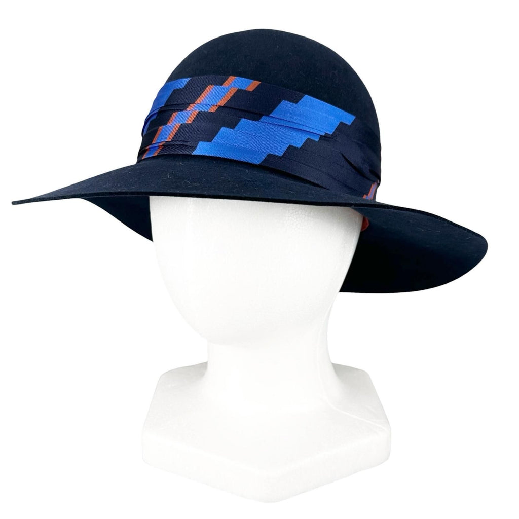 Hermes Wool Silk Scarf Ribbon Rabbit Felt Hat Navy 58