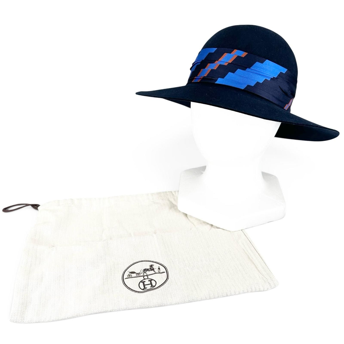 Hermes Wool Silk Scarf Ribbon Rabbit Felt Hat Navy 58 — view 2