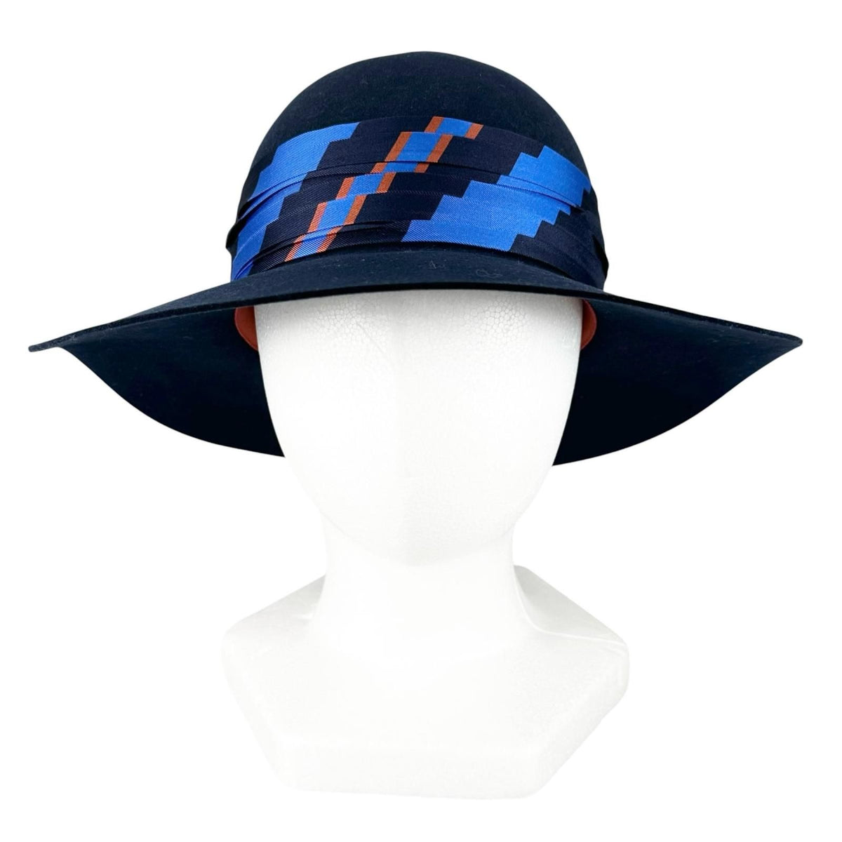 Hermes Wool Silk Scarf Ribbon Rabbit Felt Hat Navy 58 — view 3
