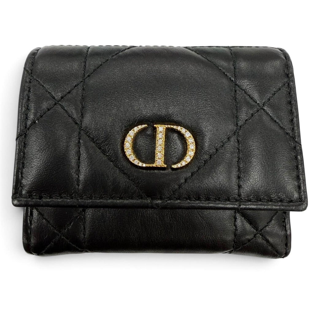 Dior Caro Hibiscus Crystal Wallet Leather Rhinestone Black