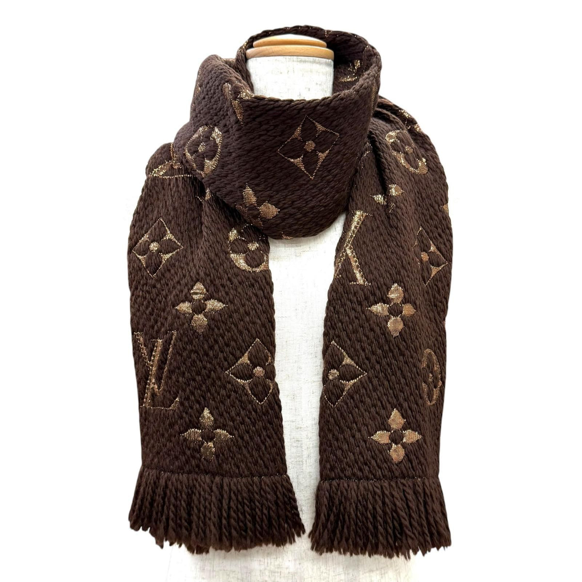 Louis Vuitton Logomania Scarf Shine Wool Silk Brown Monogram Fringe — view 2