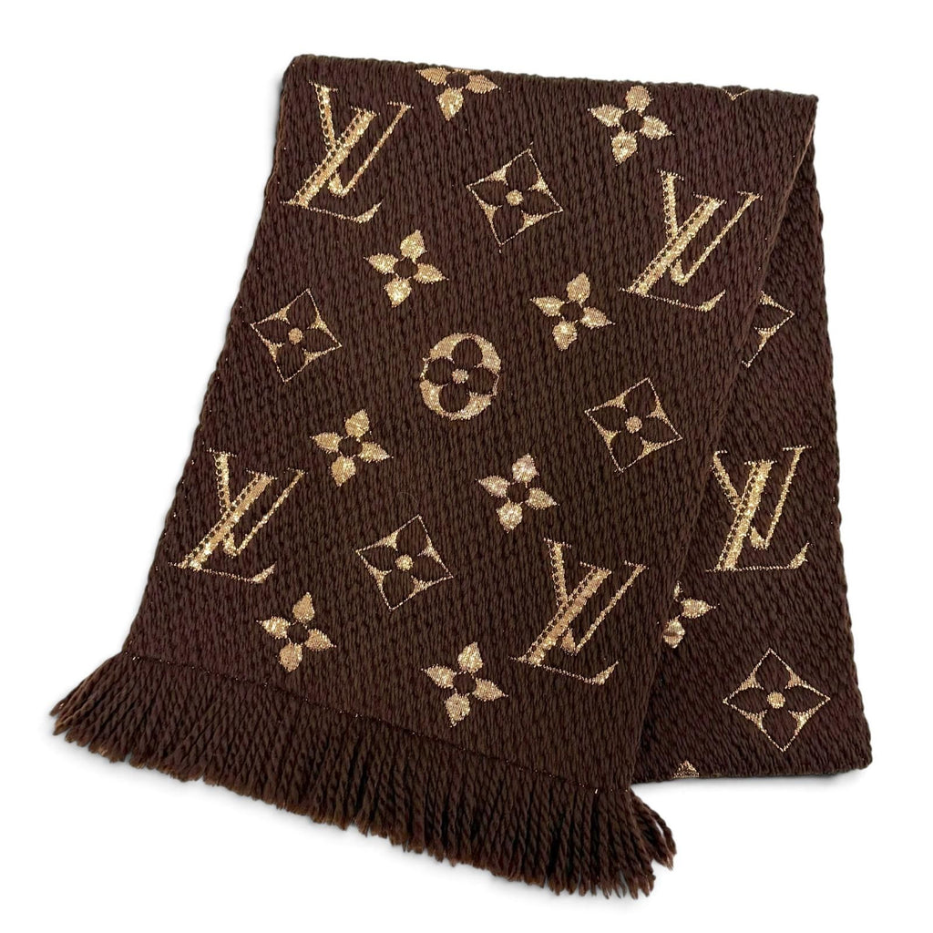 Louis Vuitton Logomania Scarf Shine Wool Silk Brown Monogram Fringe