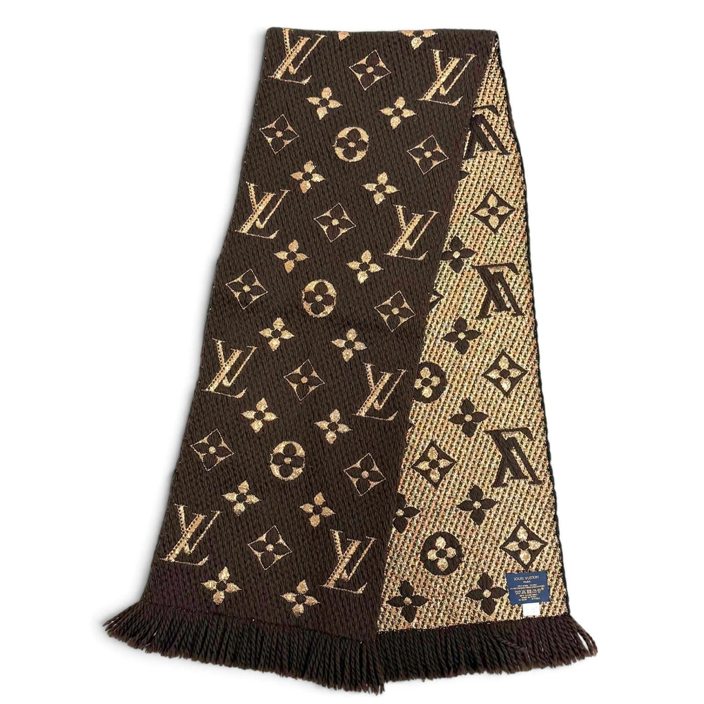 Louis Vuitton Logomania Scarf Shine Wool Silk Brown Monogram Fringe — view 3