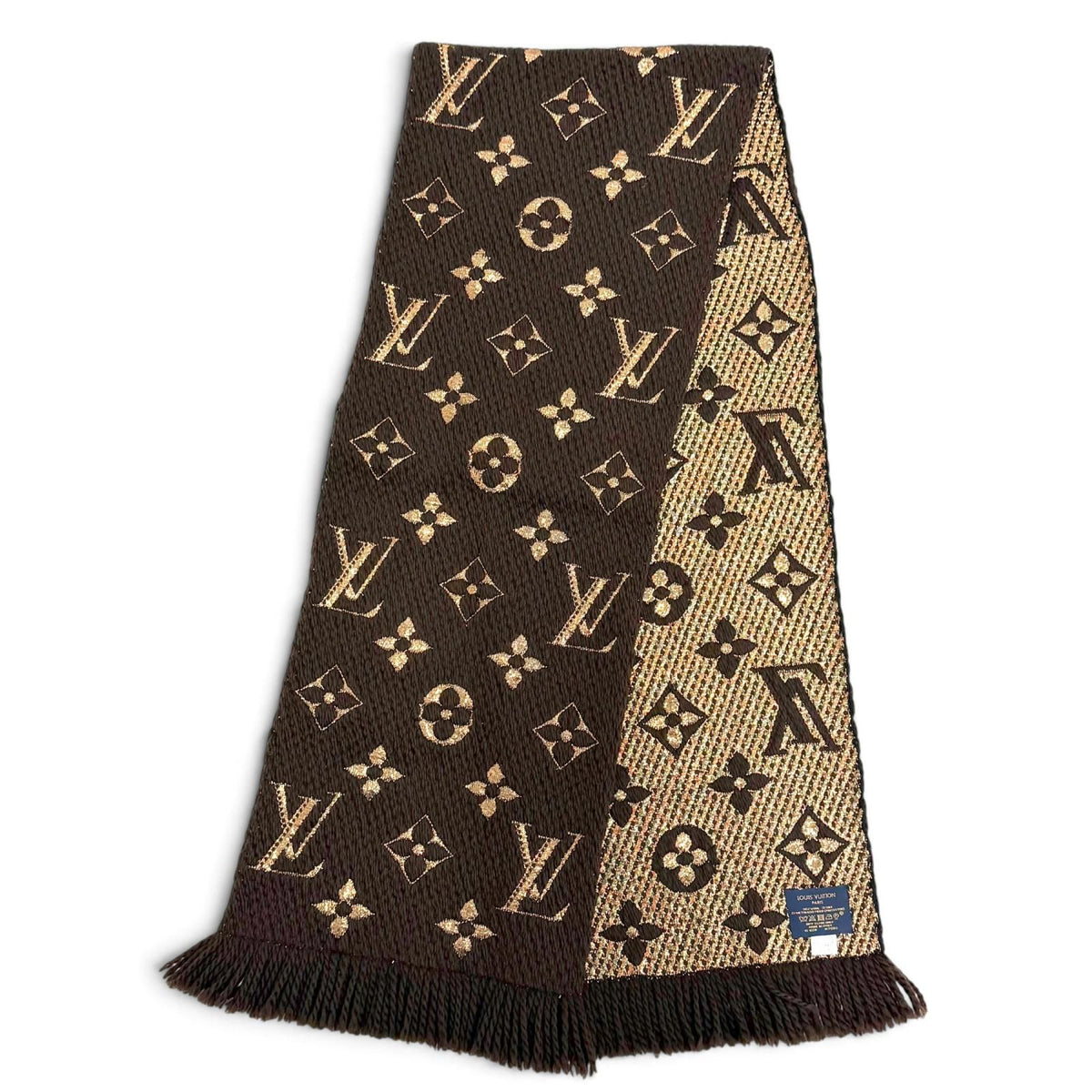 Louis Vuitton Logomania Scarf Shine Wool Silk Brown Monogram Fringe — view 3