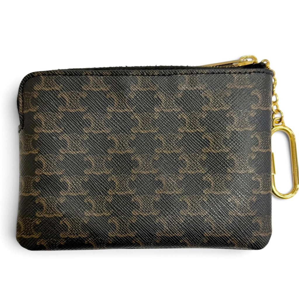 Celine Triomphe Canvas Macadam Pattern Key with Chain Zip Coin Purse Brown Gold — view 2