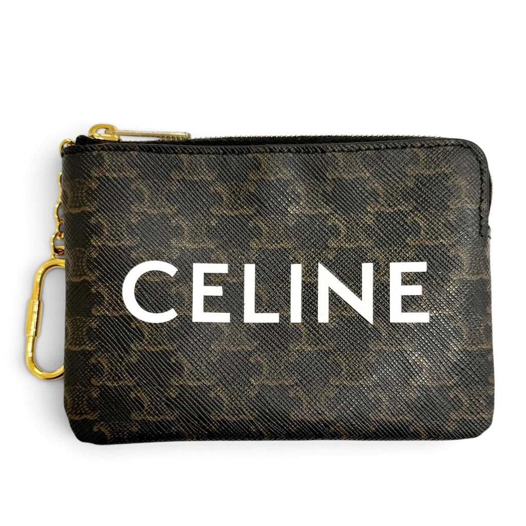 Celine Triomphe Canvas Macadam Pattern Key with Chain Zip Coin Purse Brown Gold
