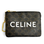 Celine Triomphe Canvas Macadam Pattern Key with Chain Zip Coin Purse Brown Gold