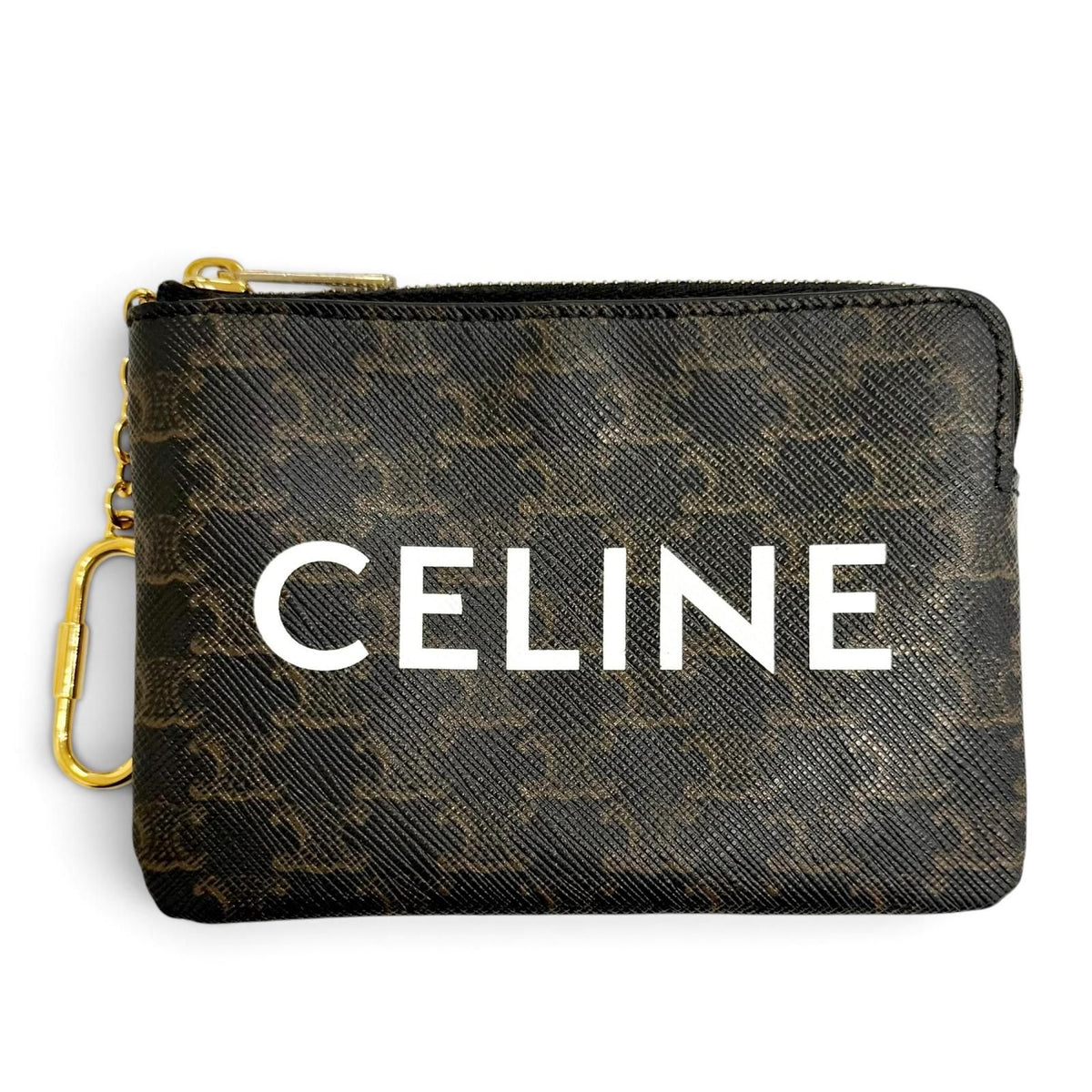 Celine Triomphe Canvas Macadam Pattern Key with Chain Zip Coin Purse Brown Gold