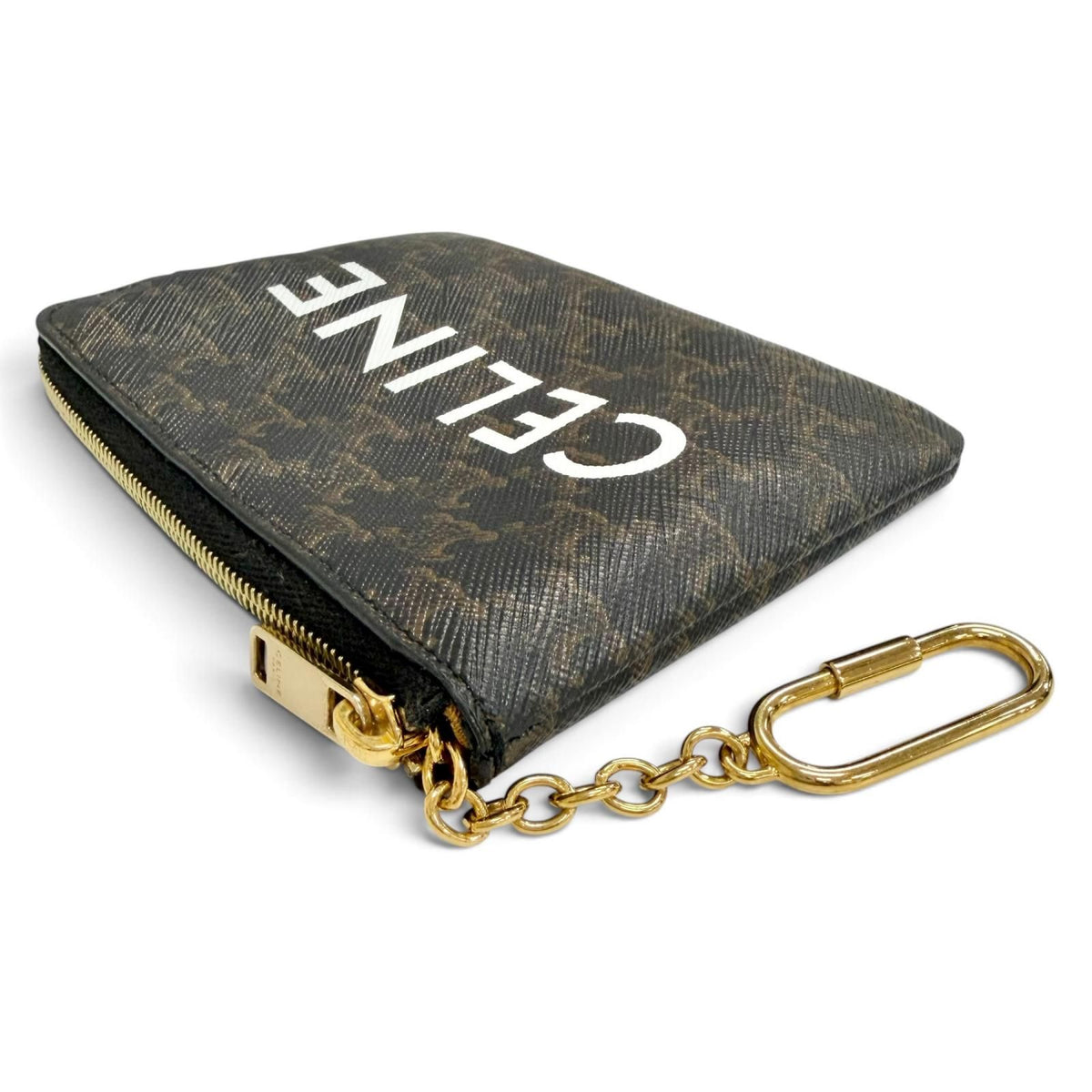 Celine Triomphe Canvas Macadam Pattern Key with Chain Zip Coin Purse Brown Gold — view 3
