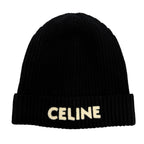 Celine Wool 100% Logo Knit Cap Beanie Black TU Hat