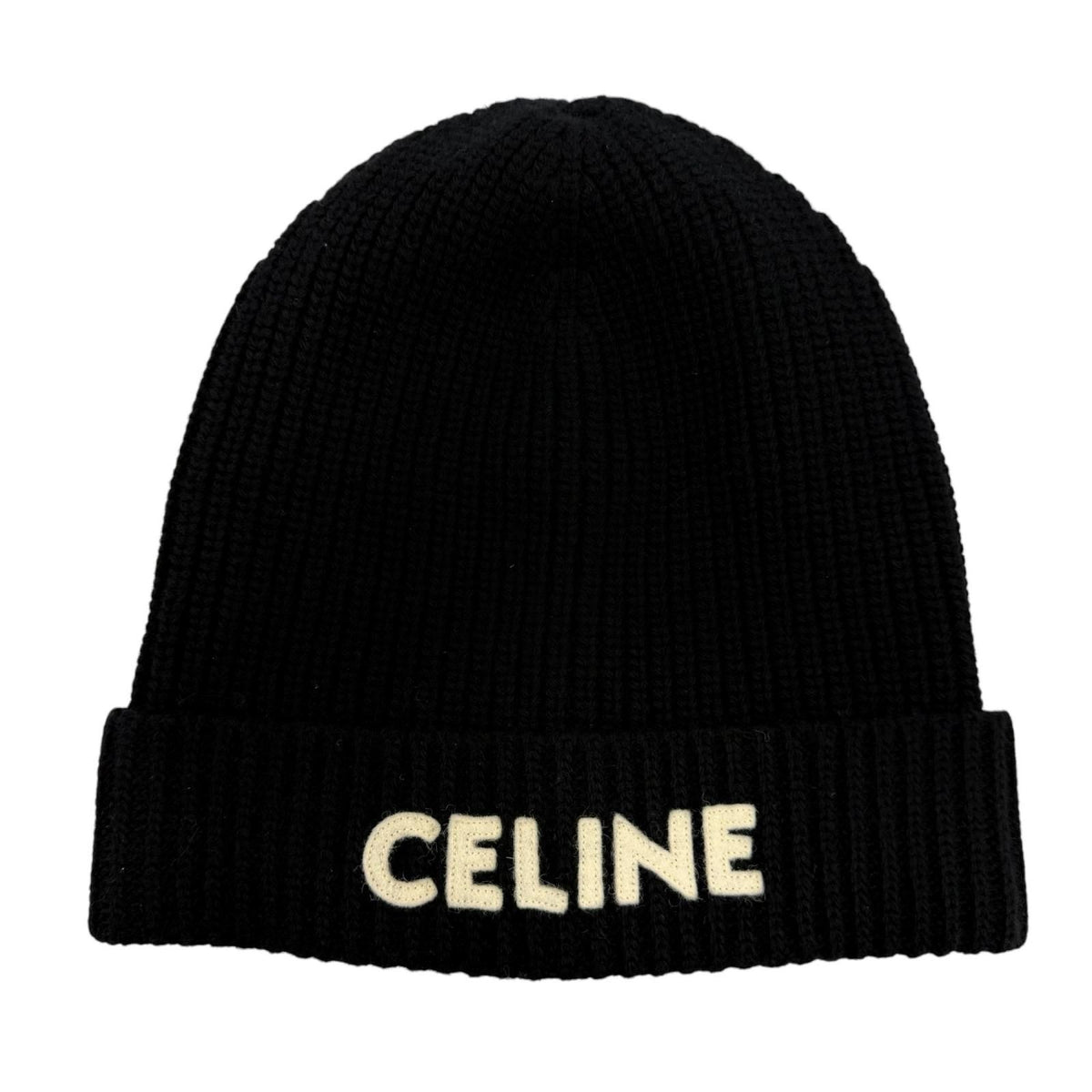Celine Wool 100% Logo Knit Cap Beanie Black TU Hat