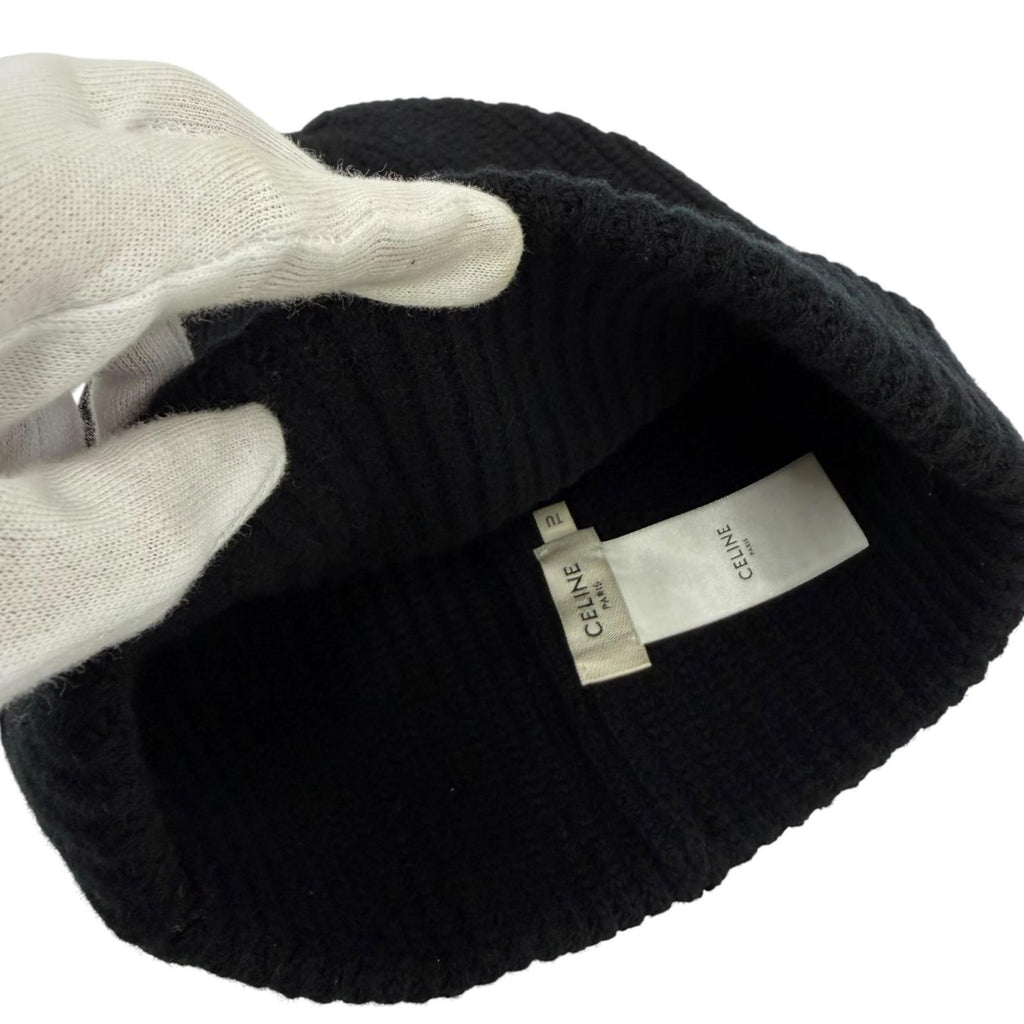 Celine Wool 100% Logo Knit Cap Beanie Black TU Hat — view 6