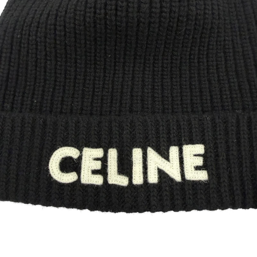 Celine Wool 100% Logo Knit Cap Beanie Black TU Hat — view 7