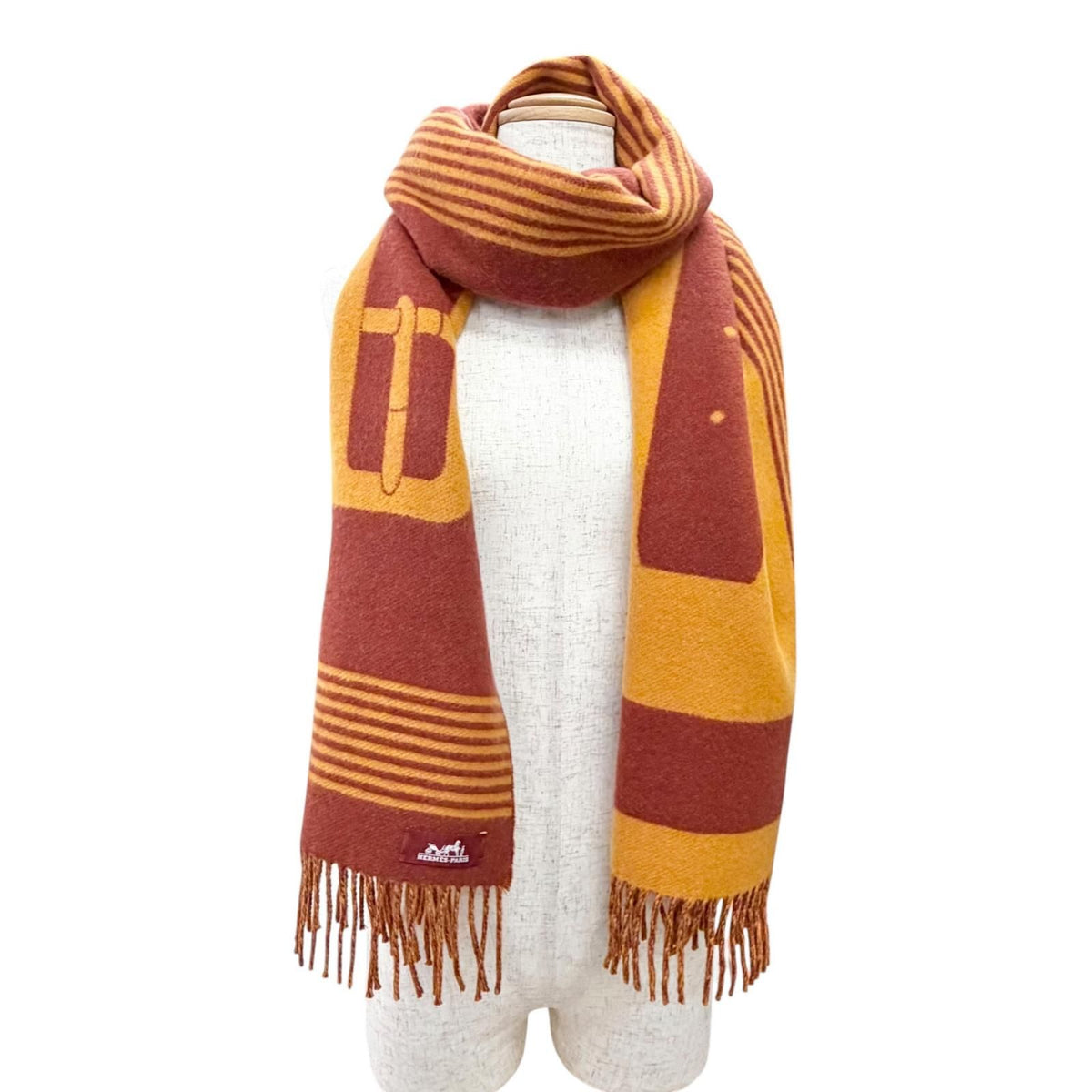 Hermes Sangle a Boucle Cashmere 100% Fringe Scarf Orange Brown — view 3
