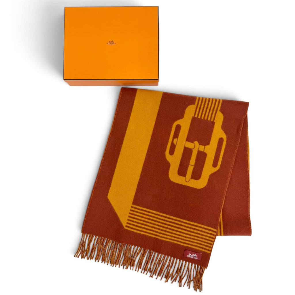 Hermes Sangle a Boucle Cashmere 100% Fringe Scarf Orange Brown — view 2
